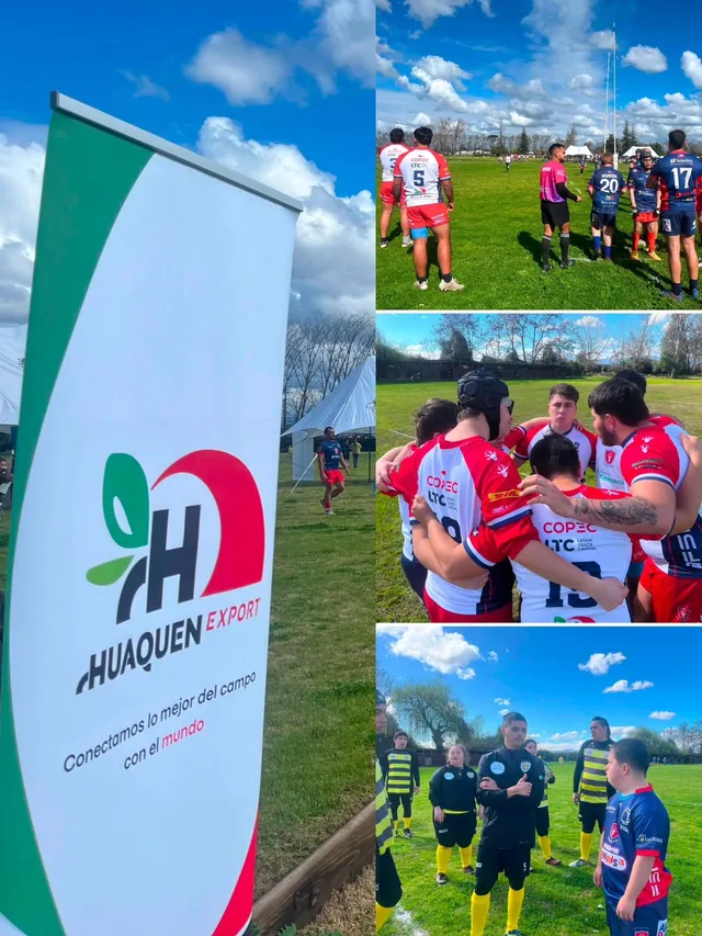 Collage de cuatro imágenes de una fecha de Tarucas: el pendón de Huaquen Export junto a la cancha, y tres momentos del partido con los equipos reunidos antes del inicio.